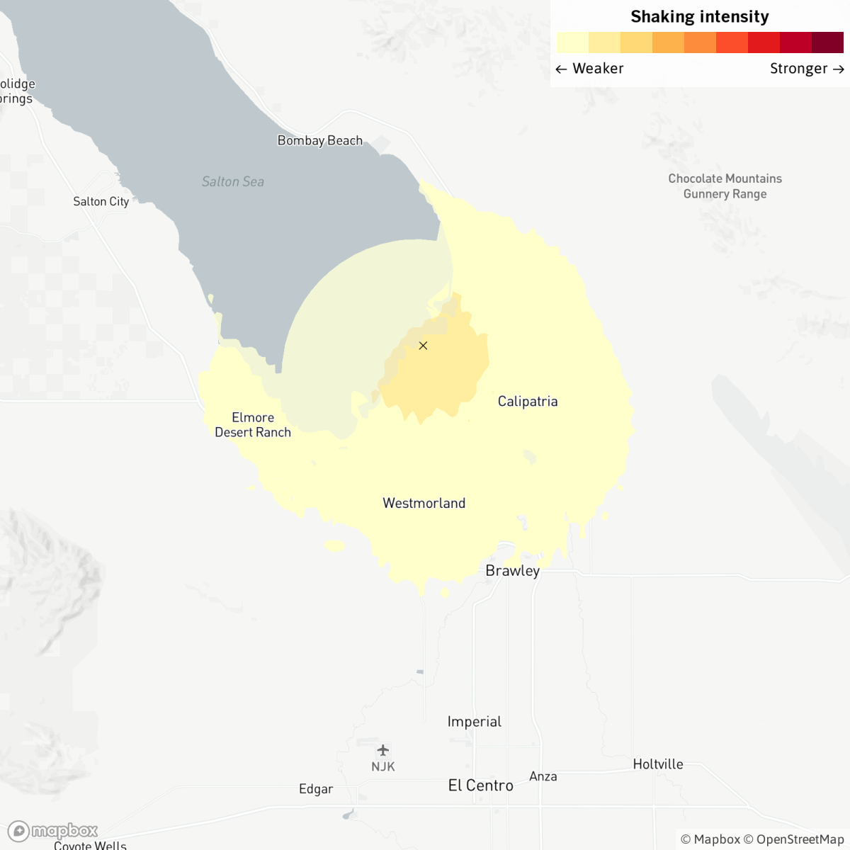 A map showing Brawley, Calif., north of El Centro