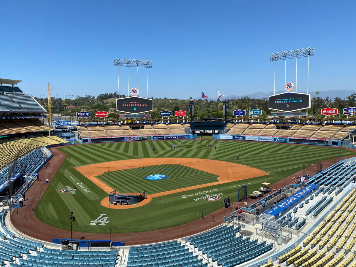 A high-up view of the Dodger Stadium diamond.