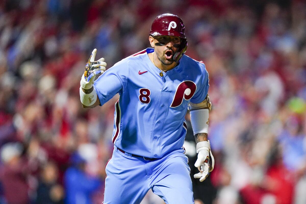 Philadelphia Phillies' Nick Castellanos reacts after hitting a home run.