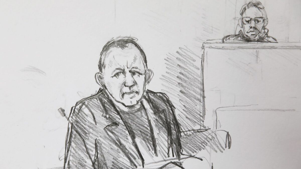 A courtroom sketch shows Peter Madsen during his murder trial in Copenhagen on April 25.