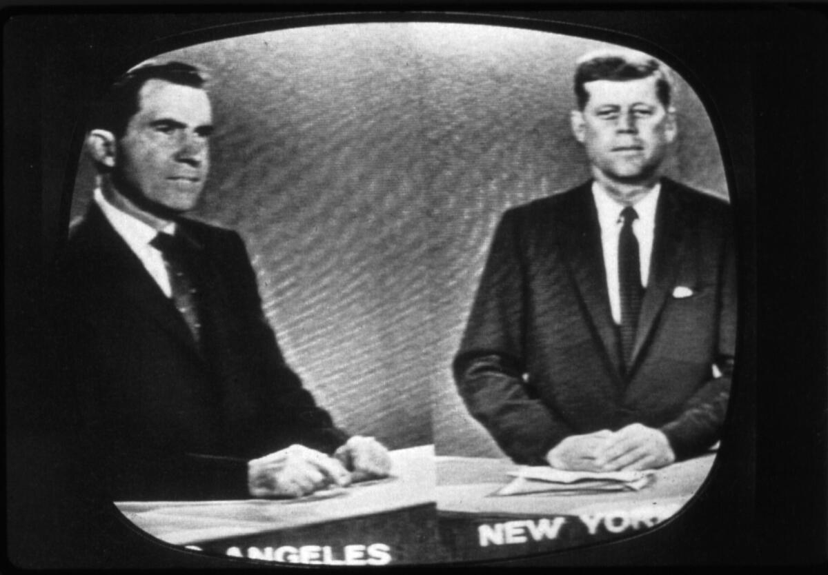 Richard Nixon in Los Angeles and John F. Kennedy in New York during their third presidential debate on Oct. 13, 1960.