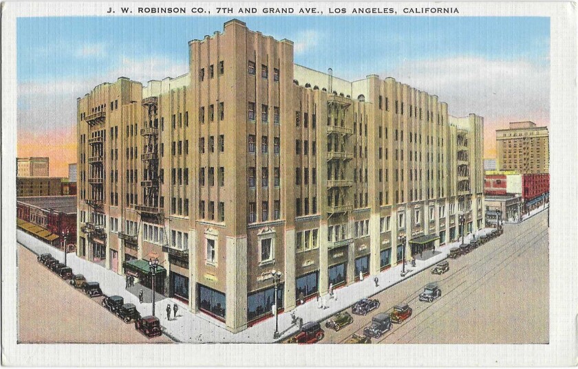 Exterior view of the J.W. Robinson department store at 7th and Grand in Los Angeles