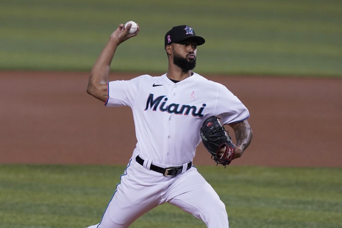 Miami Marlins starting pitcher Sandy Alcantara delivers against the Milwaukee Brewers on May 9.