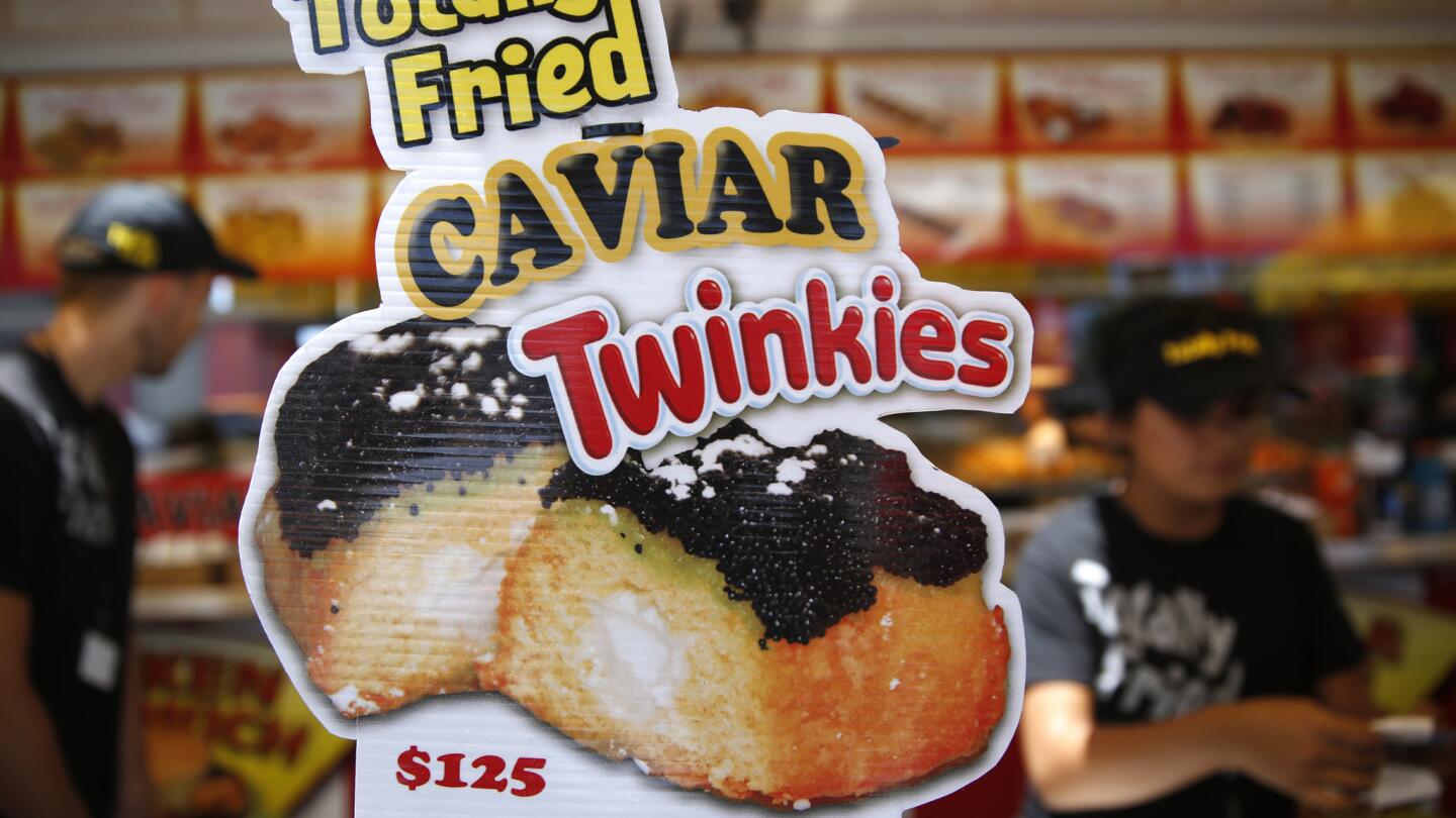 A Twinkie topped with caviar. $125.00 from Chicken Charlie's at the 2015 Orange County Fair. Proceeds from the sale of the Caviar Twinkie will benefit Choc Children's Hospital of Orange County.
