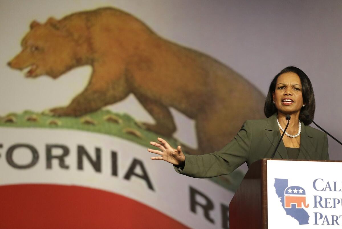 Former Secretary of State Condoleezza Rice speaks before the California Republican Party 2014 spring convention Saturday in Burlingame in the Bay Area.