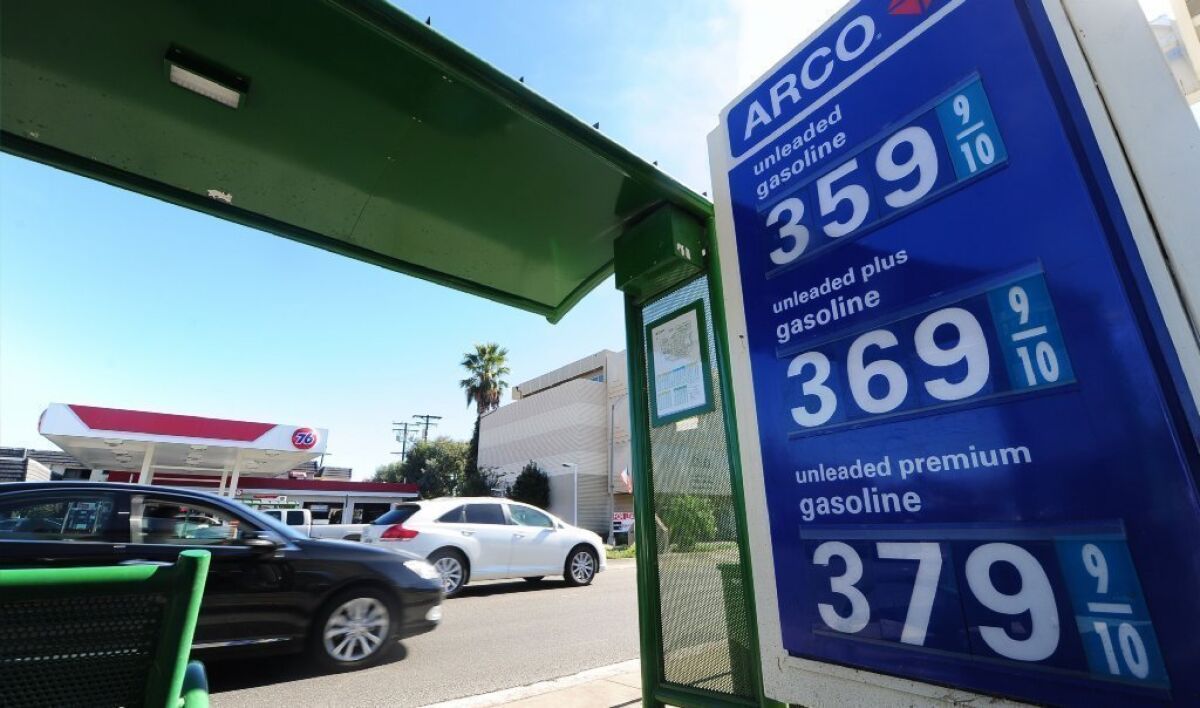 Gasoline prices are rising again in California, but experts say that a big jump isn't expected and that prices should be lower, on average, than they were in 2013. Above, a gas station in Alhambra last year.