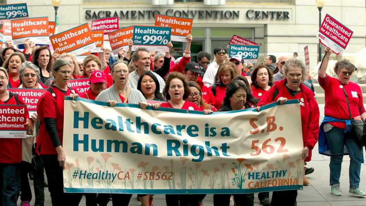 Supporters of single-payer healthcare march to the Capitol in Sacramento in 2017.