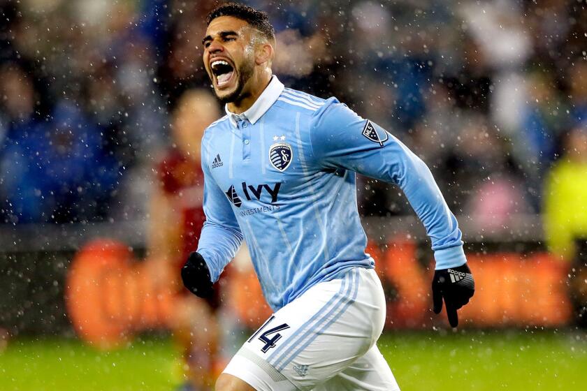 KANSAS CITY, KS - APRIL 29: Dom Dwyer #14 of Sporting Kansas City celebrates after scoring a goal during the 2nd half of the game against the Real Salt Lake at Children's Mercy Park on April 29, 2017 in Kansas City, Kansas. (Photo by Jamie Squire/Getty Images) ** OUTS - ELSENT, FPG, CM - OUTS * NM, PH, VA if sourced by CT, LA or MoD **