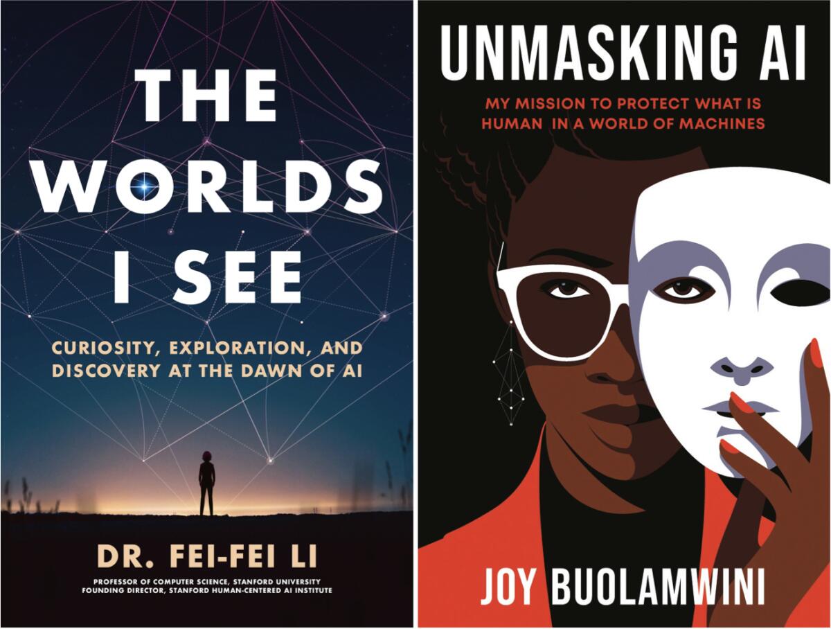 Book covers for "The Worlds I See" by Fei-Fei Li and "Unmasking AI" by Joy Buolamwini. 
