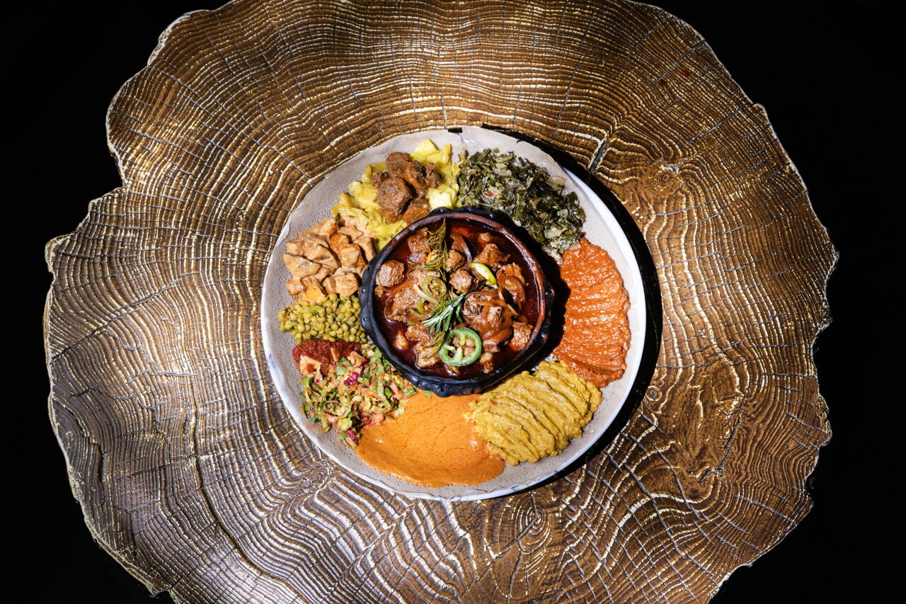 The vegan combo platter with rib-eye tibs at Aunt Yvette’s Kitchen in Eagle Rock