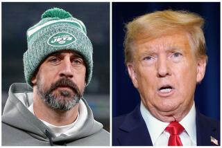 Aaron Rodgers and Donald Trump side by side portraits.