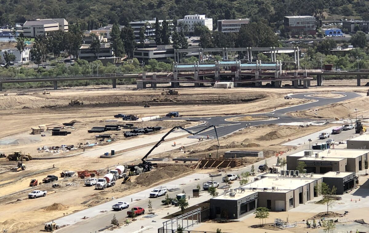Construction of primary north/south road at SDSU Mission Valley is underway just east of Snapdragon Stadium.