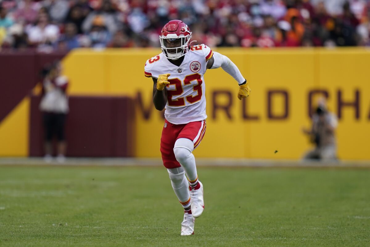 Kansas City Chiefs defensive back Armani Watts (23) running on the field during the first half of an NFL football game against the Washington Football Team, Sunday, Oct. 17, 2021, in Landover, Md. (AP Photo/Patrick Semansky)