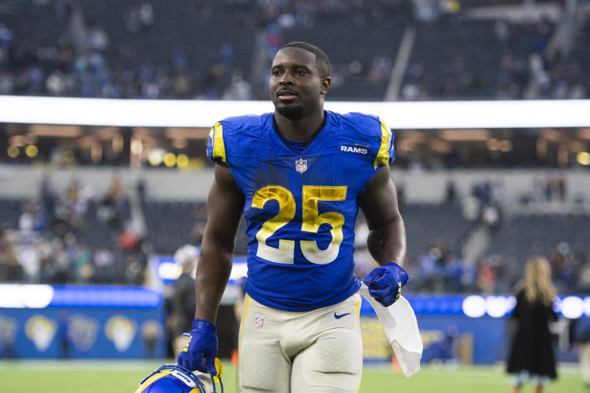 Rams running back Sony Michel jogs off the field after a game against the Jacksonville Jaguars at SoFi Stadium.