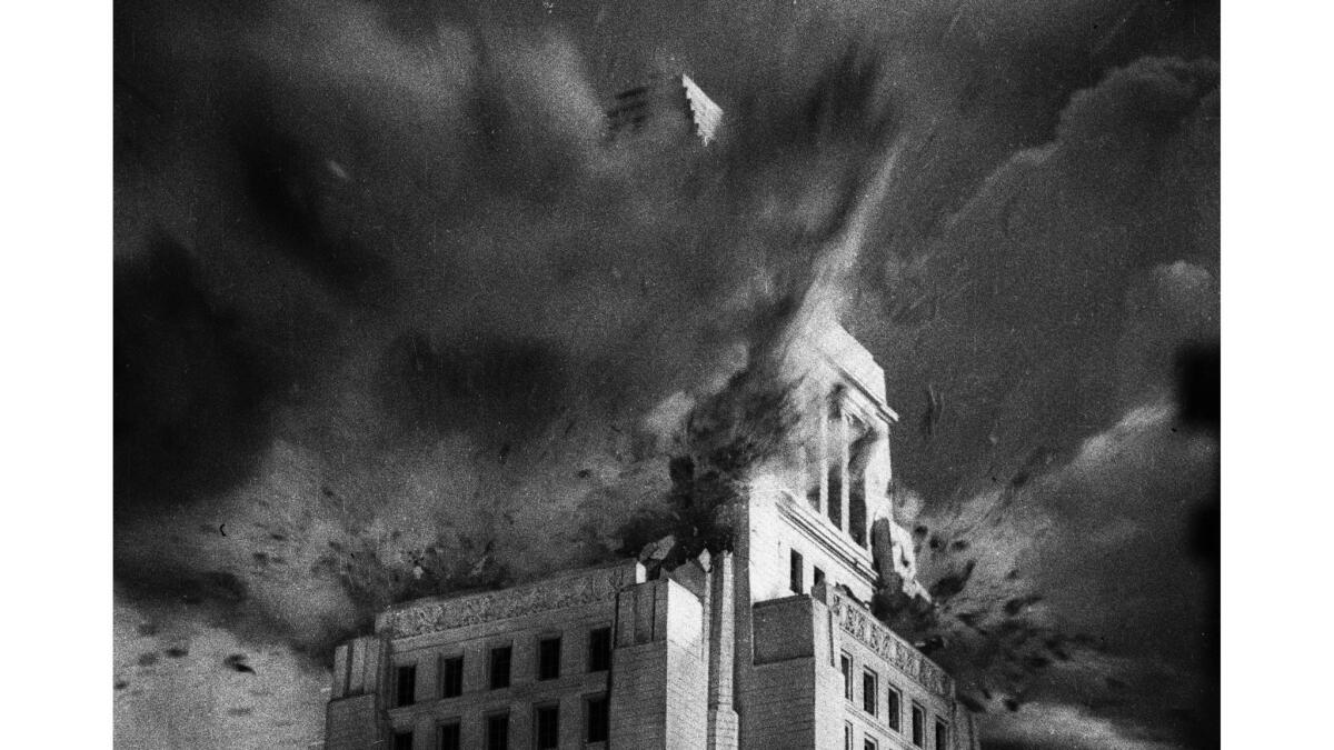 May 8, 1952: Model of Los Angeles City Hall blown up during filming of special effects for 1953 movie "War of the Worlds."
