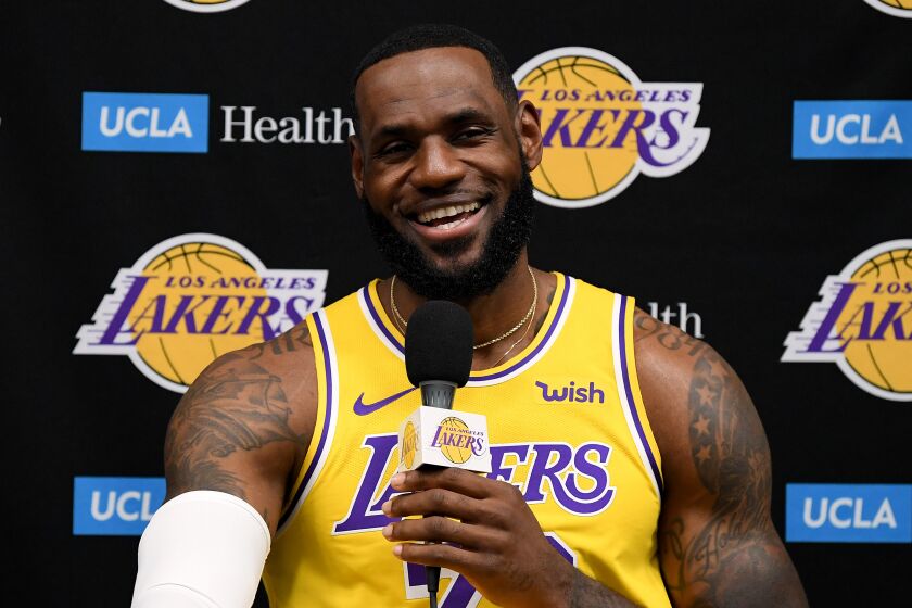 EL SEGUNDO, CALIFORNIA - SEPTEMBER 27: LeBron James of the Los Angeles Lakers speaks to the press during Los Angeles Laker media day at UCLA Health Training Center on September 27, 2019 in El Segundo, California. (Photo by Harry How/Getty Images)