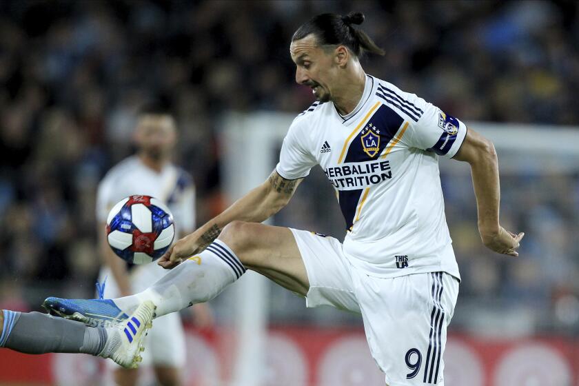 LA Galaxy midfielder Zlatan Ibrahimovic against the Minnesota United during the first half of an MLS first-round playoff soccer match Sunday, Oct. 20, 2019 in St. Paul, Minn.(AP Photo/Andy Clayton-King)