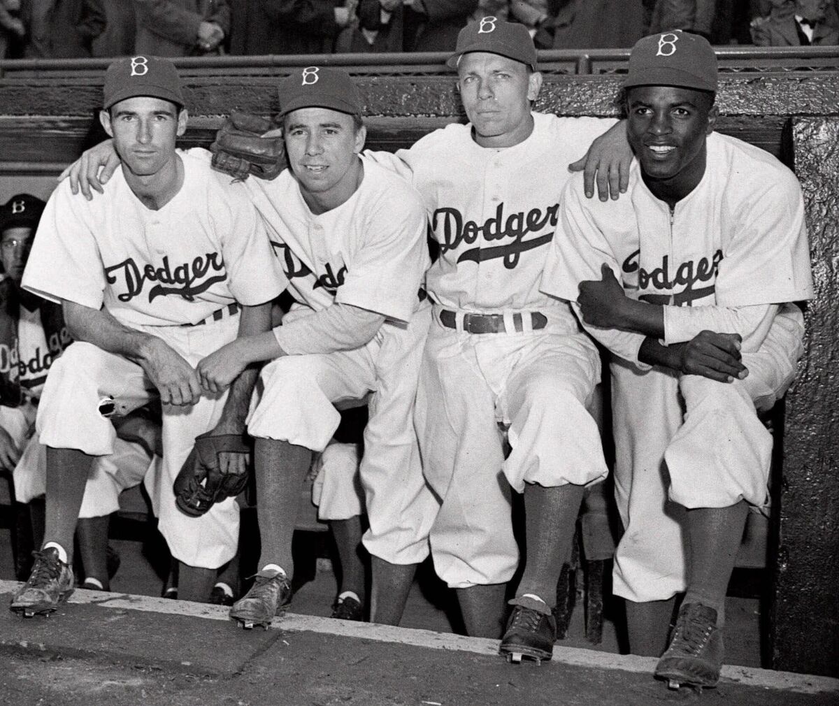 Brooklyn Dodgers players, from left, John Jorgensen, Pee Wee Reese, Ed Stanky and Jackie Robinson on April 15, 1947.