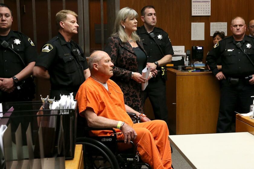 SACRAMENTO, CA - APRIL 27: Joseph James DeAngelo, the suspected "Golden State Killer", appears in court for his arraignment on April 27, 2018 in Sacramento, California. DeAngelo, a 72-year-old former police officer, is believed to be the East Area Rapist who killed at least 12 people, raped over 45 women and burglarized hundreds of homes throughout California in the 1970s and 1980s. (Photo by Justin Sullivan/Getty Images) ** OUTS - ELSENT, FPG, CM - OUTS * NM, PH, VA if sourced by CT, LA or MoD **