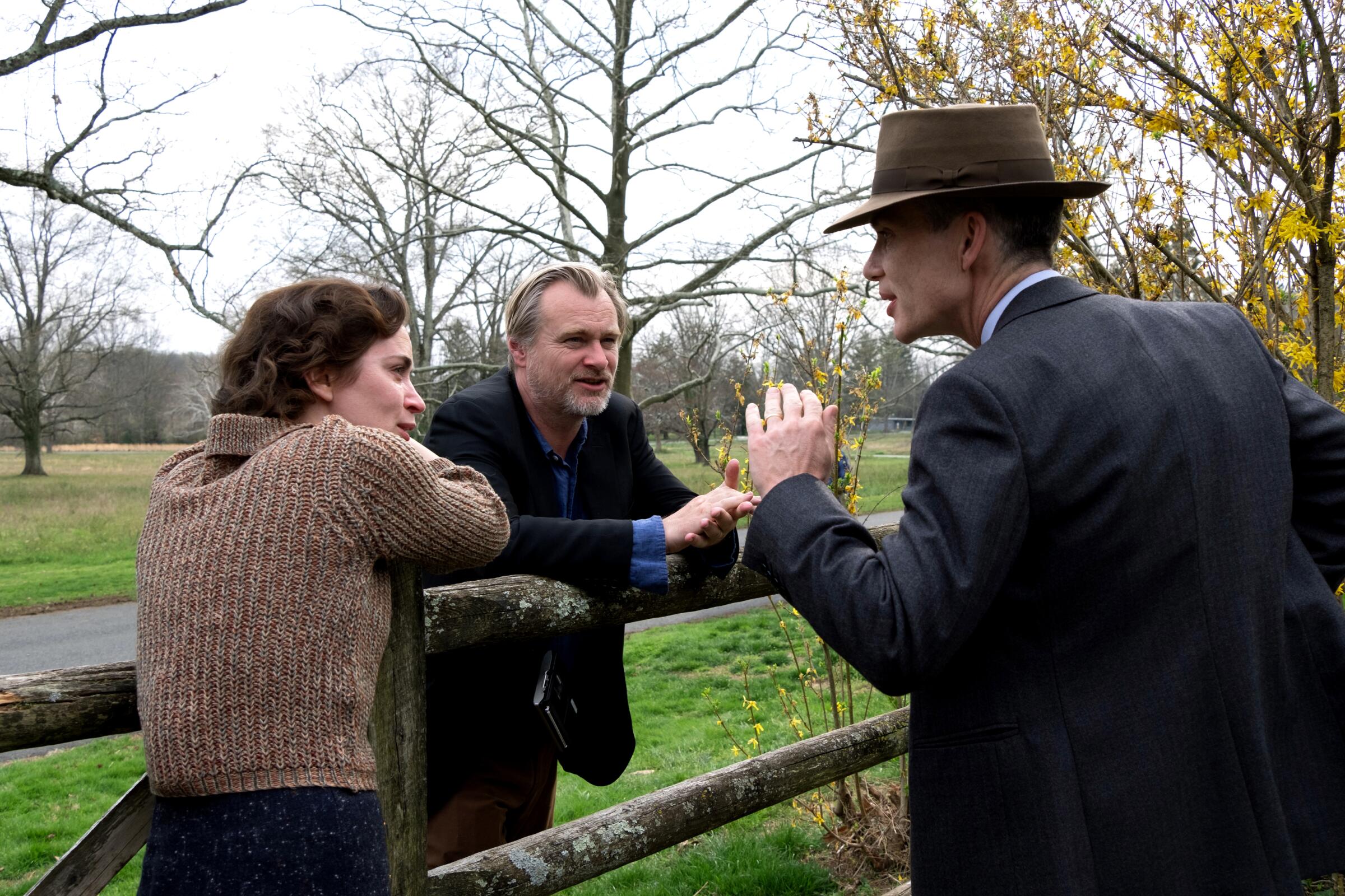 Emily Blunt, Christopher Nolan and Cillian Murphy on the set of "Oppenheimer."