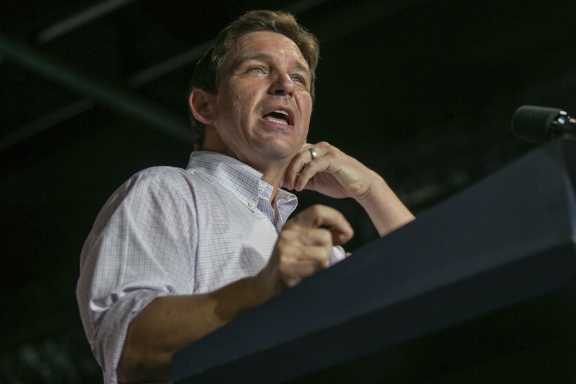 Republican presidential candidate Florida Gov. Ron DeSantis speaks to a crowd of supporters at the Never Back Down event inside the F & E Event Center, Saturday, June 10, 2023, in Tulsa, Okla. (Daniel Shular/Tulsa World via AP)