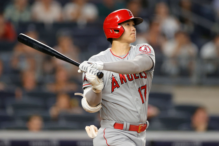 NEW YORK, NEW YORK - JUNE 29: Shohei Ohtani #17 of the Los Angeles Angels hits a two-run home run.