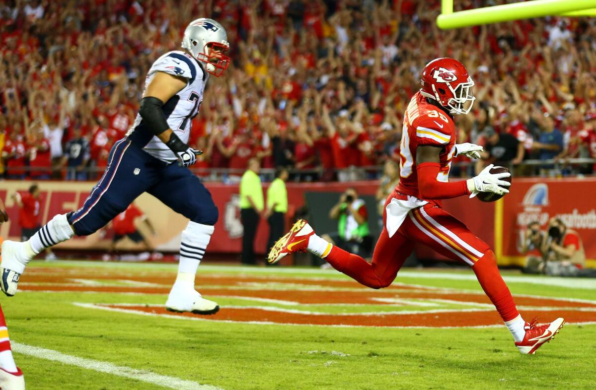 Kansas City Chiefs safety Husain Abdullah was flagged for a Muslim prayer celebration after scoring on an interception during a 41-14 win over the New England Patriots in Kansas City on Sept. 29.