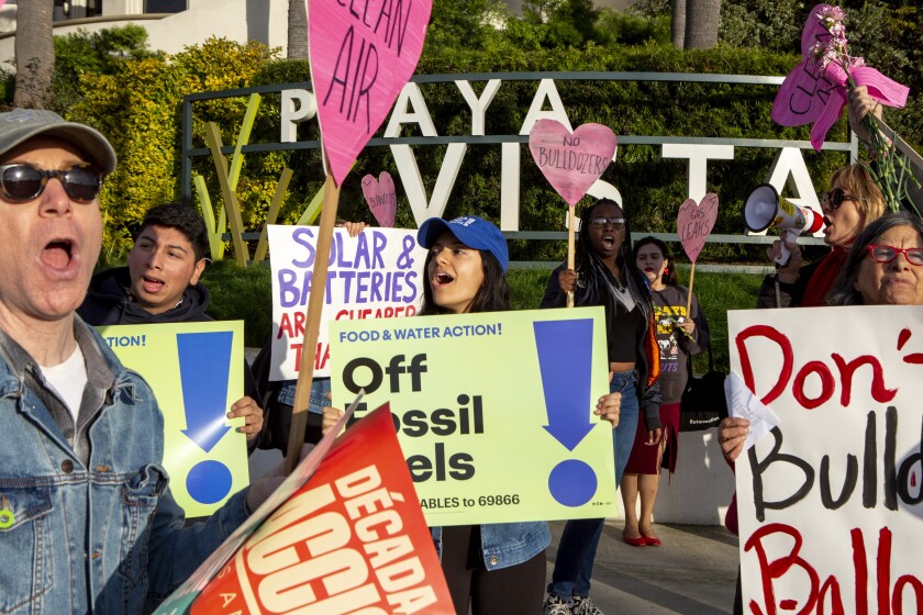 Protesters call for the closure of Southern California Gas Co.'s Playa del Rey storage field on Feb. 14, 2020.
