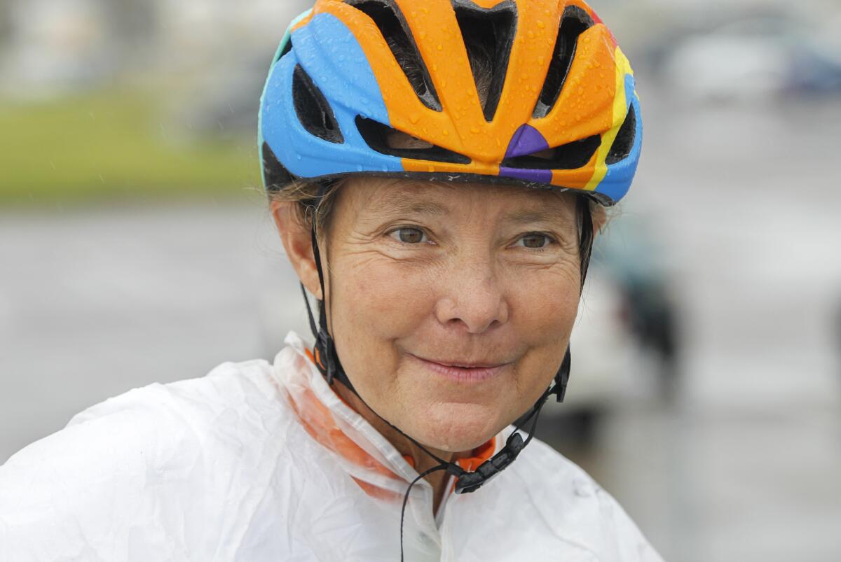 Isabella de la Houssaye , a stage 4 cancer patient, begins her cross country bike ride in Ocean Beach on March 10, 2020 in San Diego, California. De la Houssaye, 56, is riding cross country to Jacksonville, FL to raise awareness for lung cancer research.