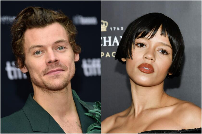 A split image of Harry Styles posing in a green suit and Taylor Russell posing in a sleeveless black dress