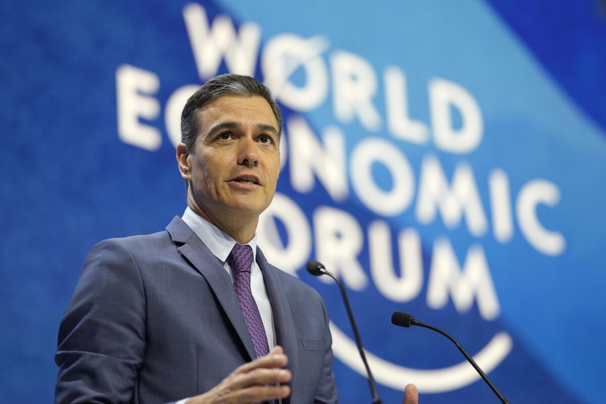 Spain's Prime Minister Pedro Sanchez delivers his speech during the World Economic Forum in Davos, Switzerland, Tuesday, May 24, 2022. The annual meeting of the World Economic Forum is taking place in Davos from May 22 until May 26, 2022. (AP Photo/Markus Schreiber)