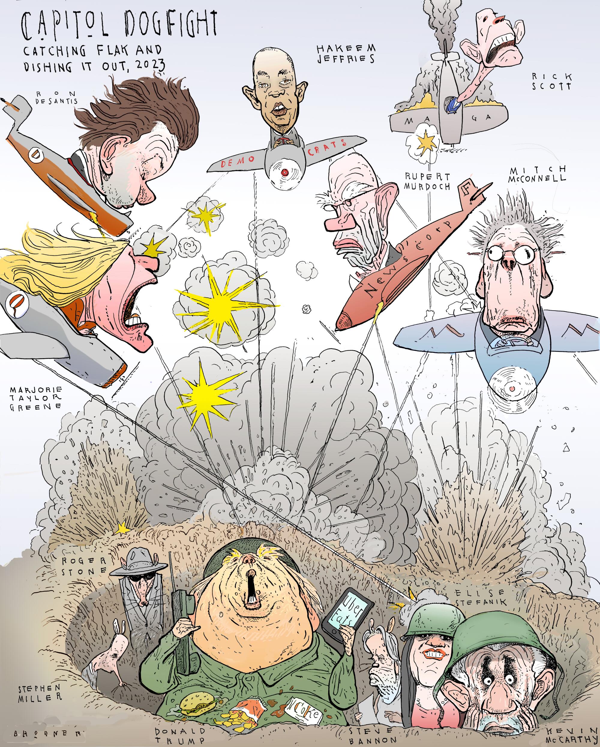 Illustration of Donald Trump in a foxhole as he's being fired upon by figures in fighter planes above.