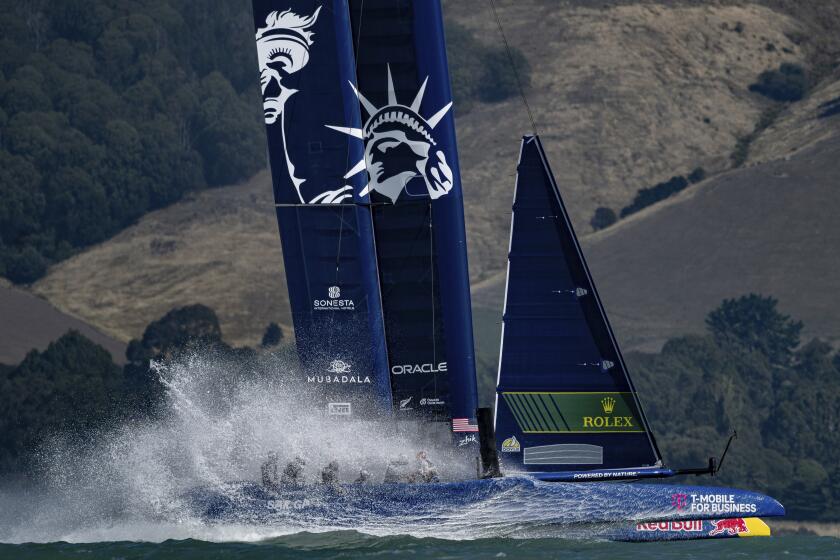 USA SailGP Team helmed by Taylor Canfield in action during a practice session ahead of the ITM New Zealand Sail Grand Prix in Christchurch, New Zealand, Thursday, March 21, 2024. (Ricardo Pinto/SailGP via AP)
