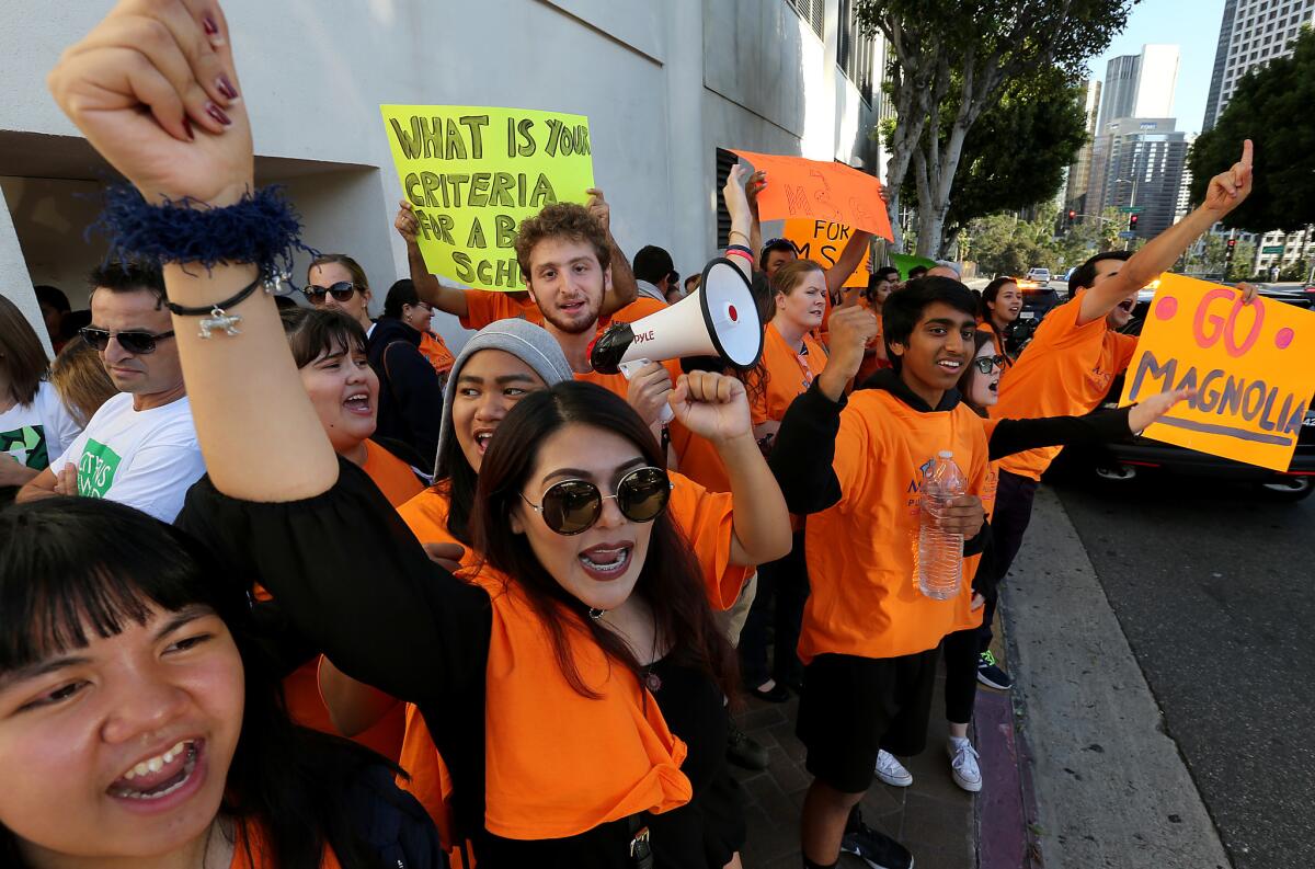 Students and staff from Magnolia Science Academy 3, a charter school in Carson, demonstrate outside LAUSD headquarters in downtown Los Angeles on Tuesday.