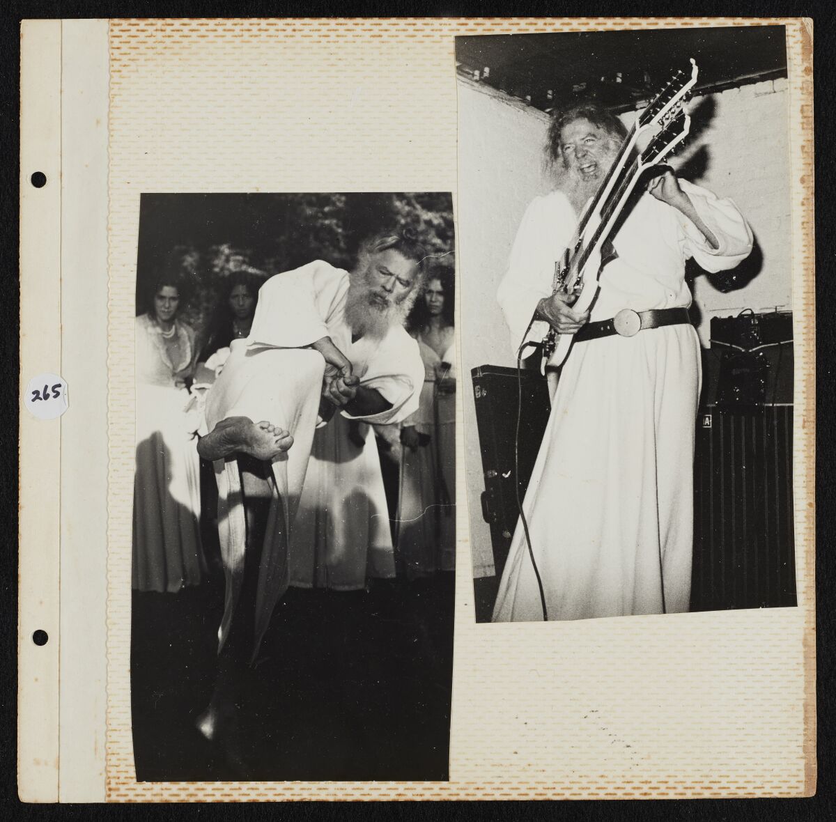 A man in a long white robe demonstrating judo and playing guitar. 