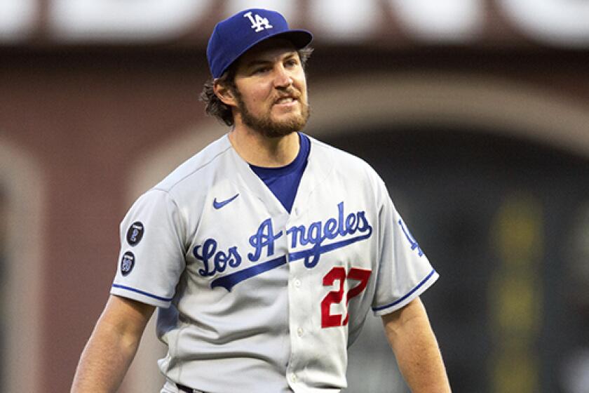 Dodgers pitcher Trevor Bauer during a game against the San Francisco Giants in May.