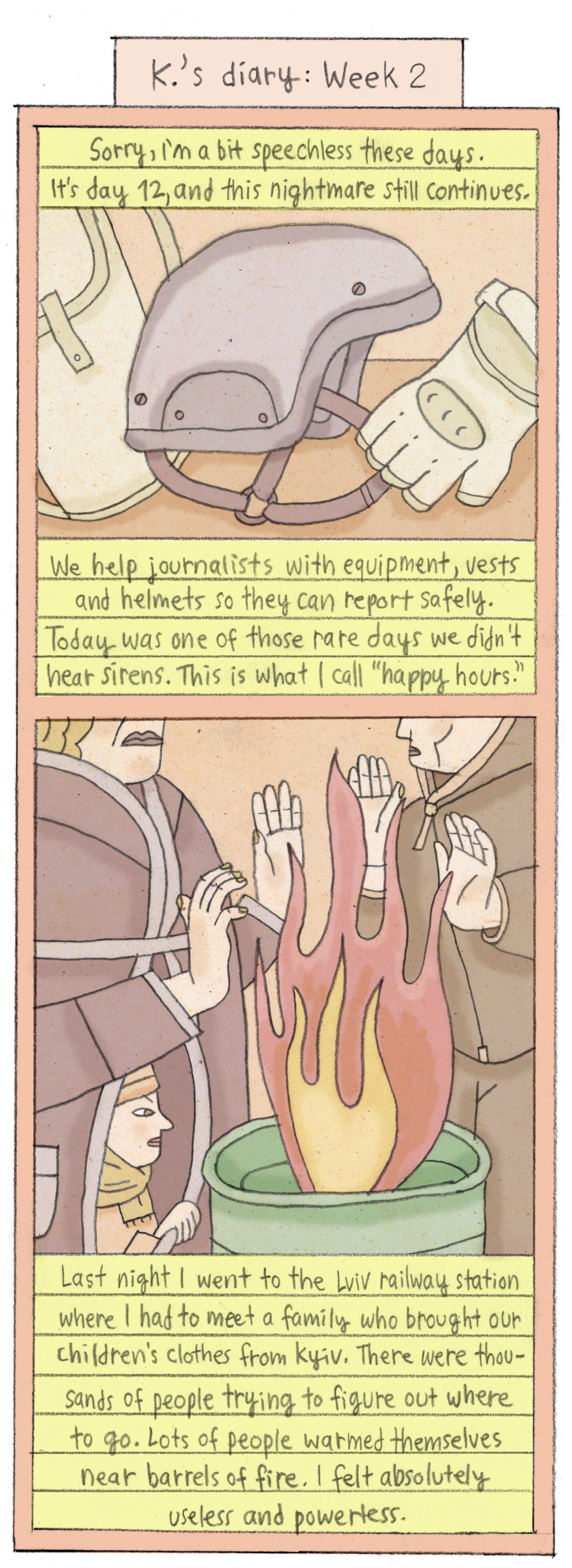 comic panels describe helping journalists with equipment, families warming by a fire in a barrel