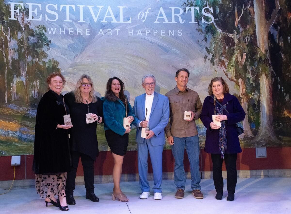 Honorees at the 2024 Art Star Awards in Laguna Beach pose for a photo at the end of the ceremony on Friday, April 26.