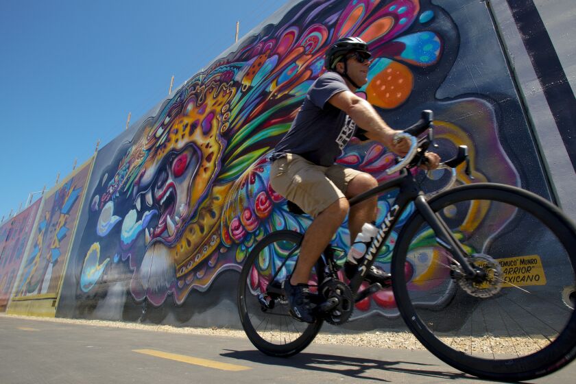 Andy Hanshaw, executive director San Diego Bicycle Coalition on Monday August 19, 2019 rides pass one of large murals along the Bayshore Bikeway along Chula Vista's bay front. The large mural by Guillermo "Memuco" Munro is one of eleven large wall murals painted by various artist along the bike route.