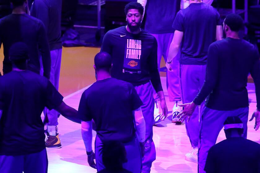 Lakers forward Anthony Davis is introduced before a game in the playoffs.
