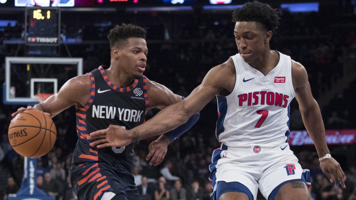 Forward Stanley Johnson (7), guarding recently acquired Knicks guard Dennis Smith Jr., is reportedly on the move to Milwaukee.