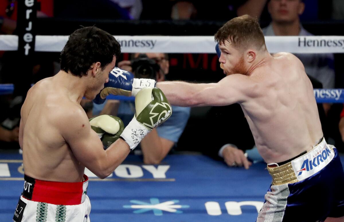Canelo Alvarez uses his left jab against Julio Cesar Chavez Jr. on Saturday. The fight totaled nearly 1 million pay-per-view buys and might be found to have exceeded 1 million when the final figures are in.