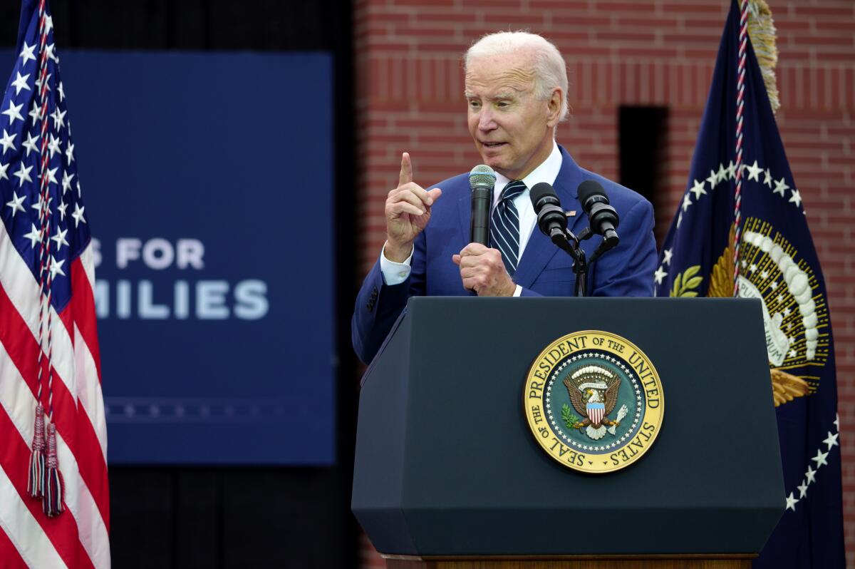 President Joe Biden speaks at Irvine Valley College on Friday. 