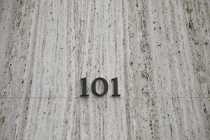 The address sign on the former Sempra Energy building at 101 Ash Street in downtown San Diego 