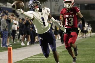 COSTA MESA, CA - SEPTEMBER 15: Sierra Canyon wide receiver Jae'on Young just misses an endzone pass in the second quarter against Orange Lutheran at Orange Coast College in Costa Mesa, CA on Friday, Sept. 15, 2023. (Myung J. Chun / Los Angeles Times)