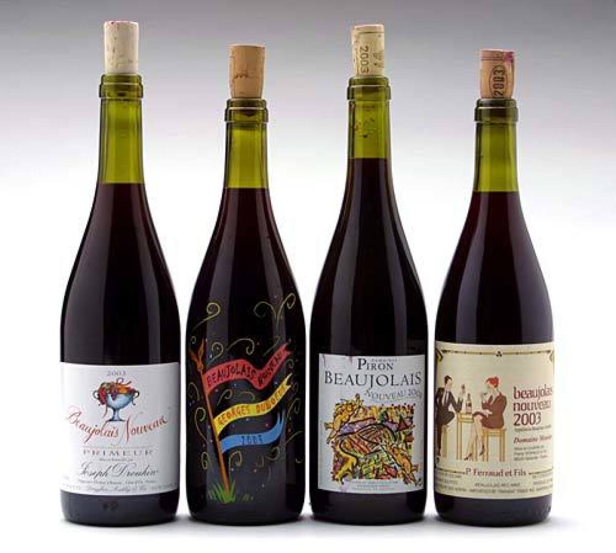 PUT TO THE TEST: Two of the favorite Beaujolais Nouveauxs taste-tested by The Times are, from left, the Joseph Drouhin and the Georges Duboeuf.