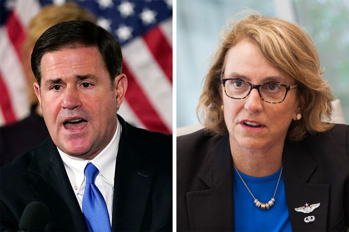 Side-by-side photos of Arizona Gov. Doug Ducey and state Sen. Wendy Rogers