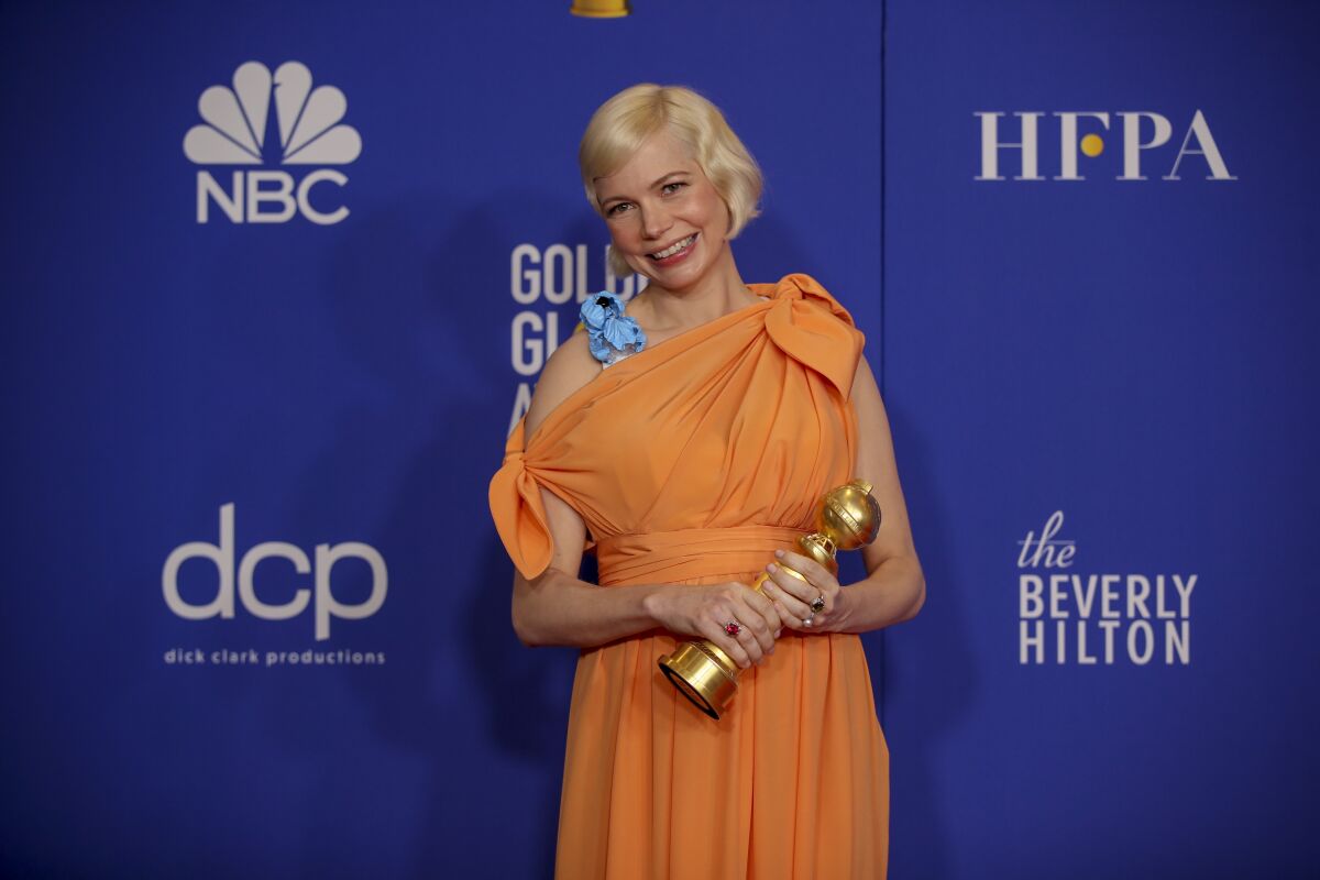 Michelle Williams in the photo deadline room at the 77th Golden Globe Awards at the Beverly Hilton.