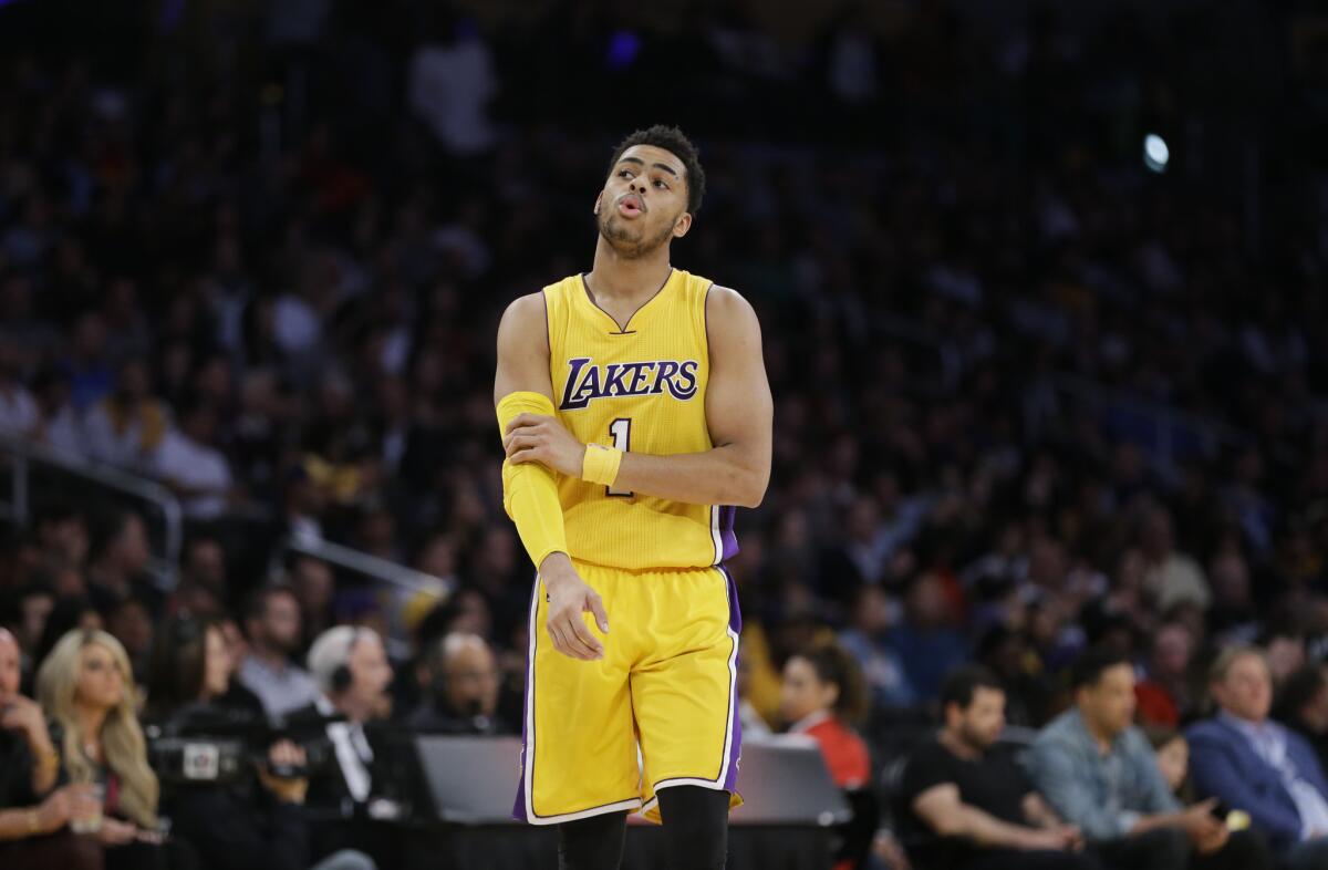 Lakers' D'Angelo Russell looks away during a game against Atlanta on March 4.