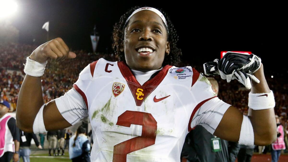 USC defensive back Adoree' Jackson celebrates after the Trojans beat Penn State in the Rose Bowl game, 52-49, on Jan. 2.